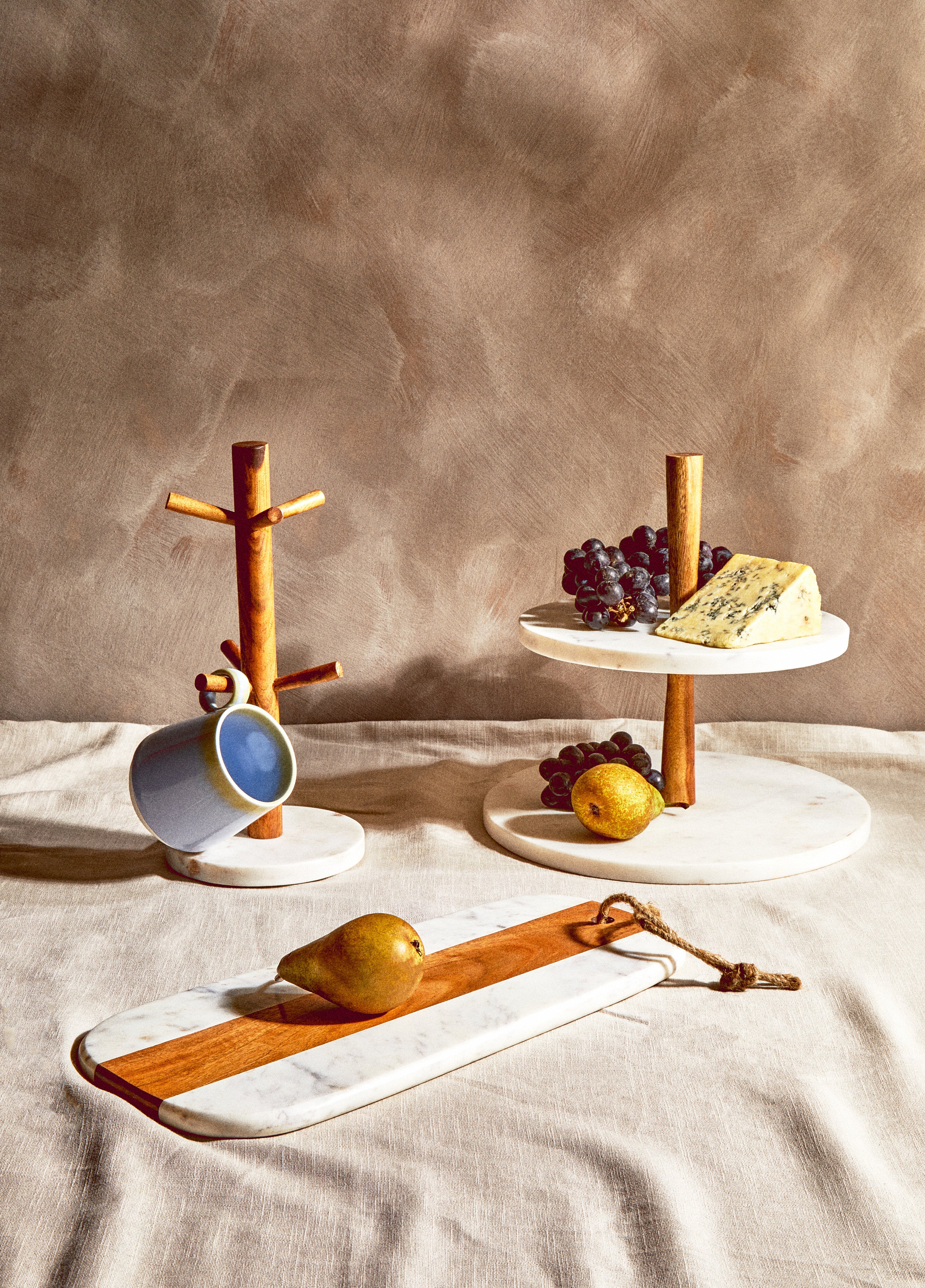 Burano White Marble & Acacia Wood 2 Tier Cake Stand